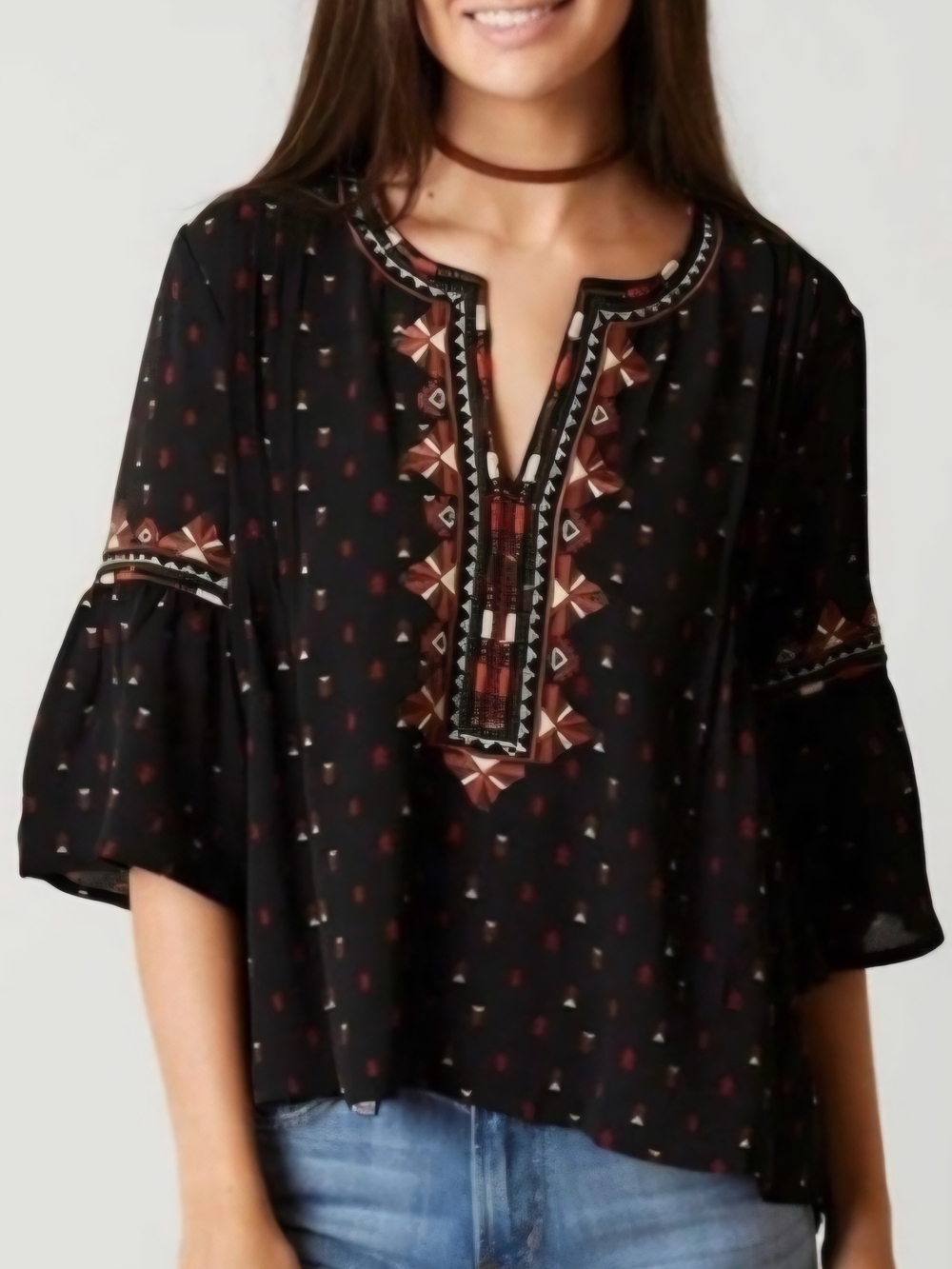 Miss Me Women's Size Small Black Embroidered Bell Sleeve Peasant Boho Blouse Top